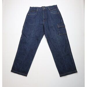 Vintage 90s Y2K FUBU Mens 40x34 Distressed Baggy Wide Leg Cargo Denim Jeans Blue